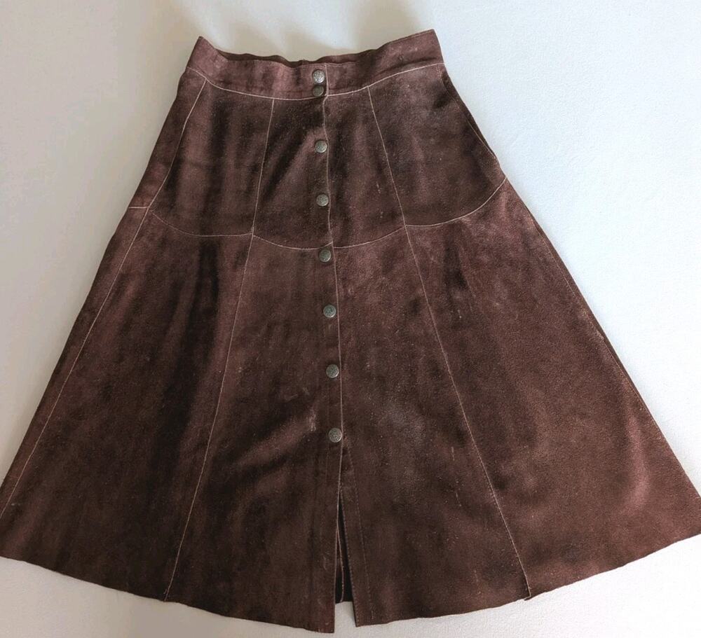 Vintage Brown Genuine Suede Leather Snap Front A-Line Skirt S/XS Western Cowgirl